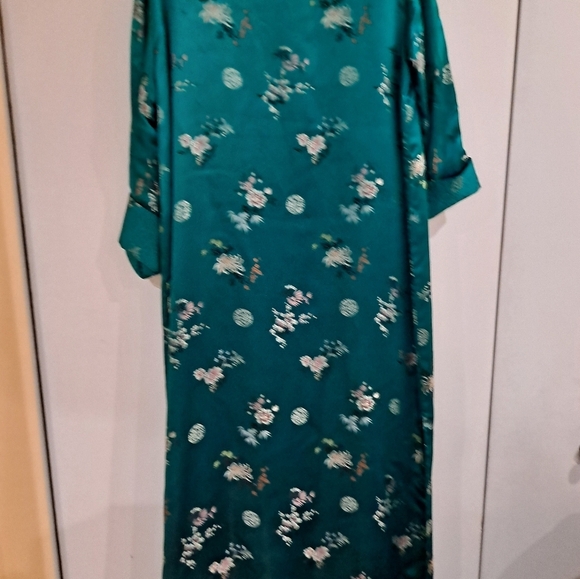 VTG 60's Turquoise Asian Style Chinese Dress/Coat/Robe/Silk Embroidered 44 Flaws - Picture 2 of 13